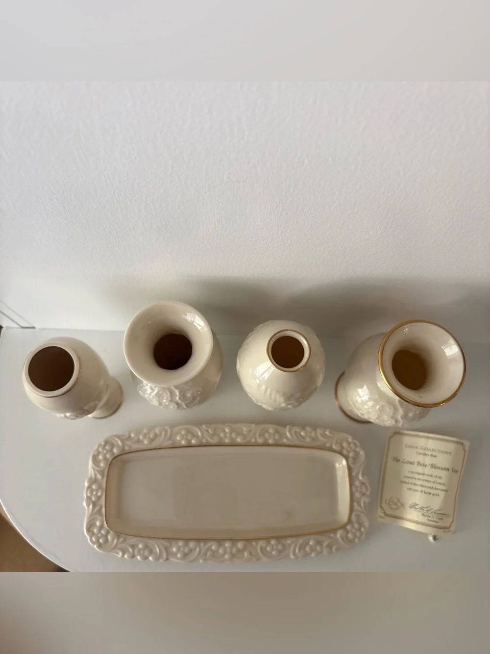 Lenox Cream Ceramic Floral Relief Vase Set with Gold Trim Accent